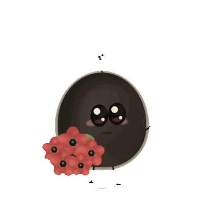 Clotty, with big glossy eyes, hugging a bunch of red poppies