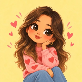 The lillapopbou avatar: an illustrated girl in a pink heart sweater